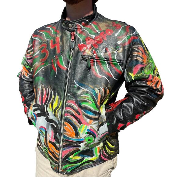 Vintage Biker Jacket, One-of-a-kind Custom Painted Leather, "Get Lucky" Large - Picture 3 of 12